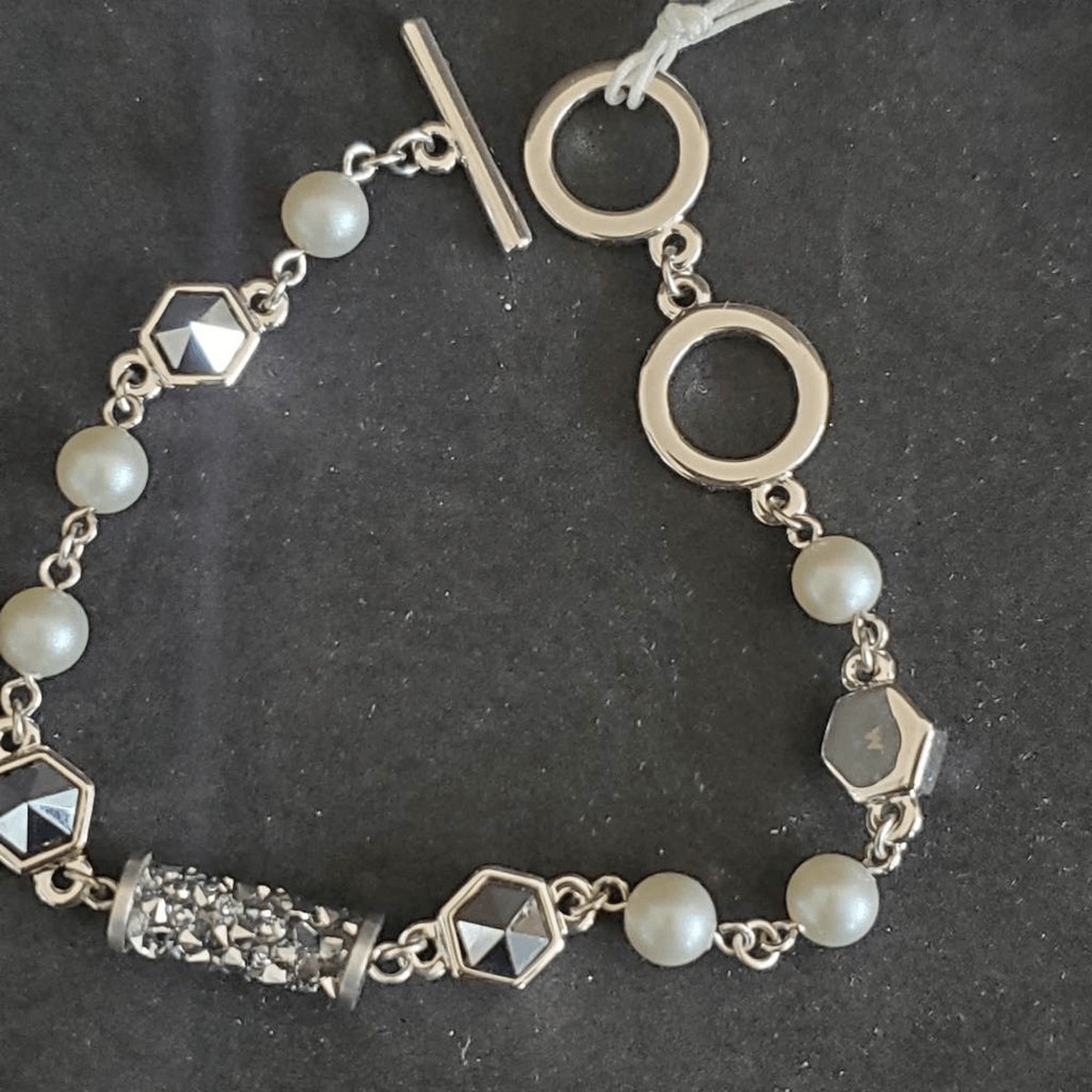 Oliver Weber Swarovski Crystal Pearl Hexagon Toggle Bracelet Silver Tone NEW